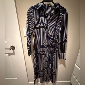 Mango Navy and White Geometric Long Sleeve Dress